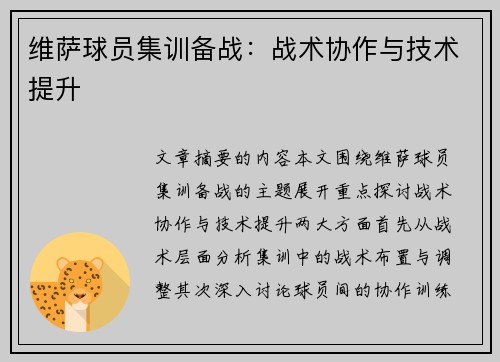 维萨球员集训备战：战术协作与技术提升